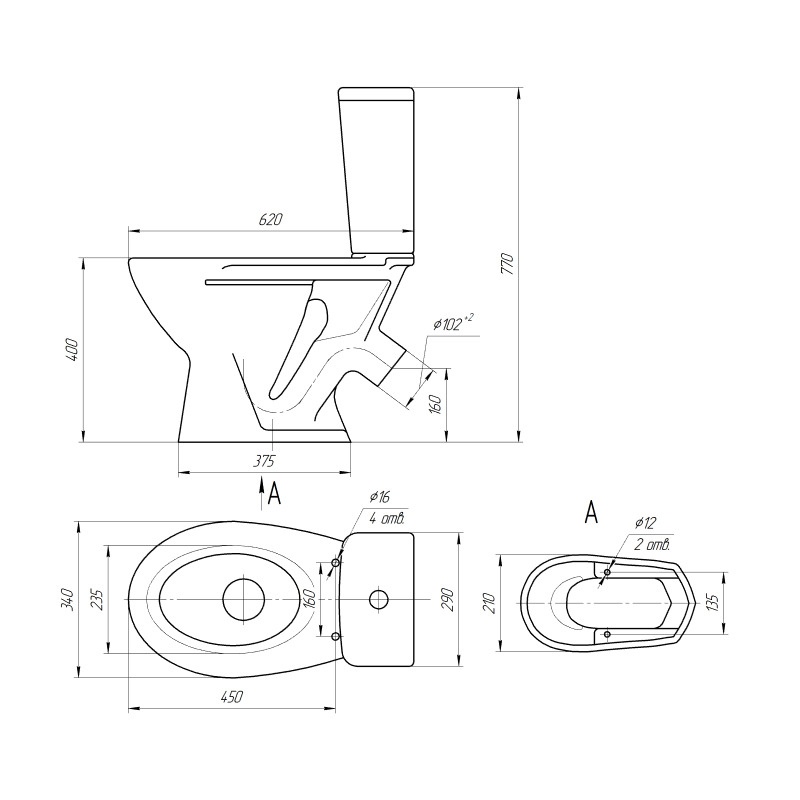 Унитаз-компакт Универсал Байкал, косой выпуск, 620 х 340 х 770 мм