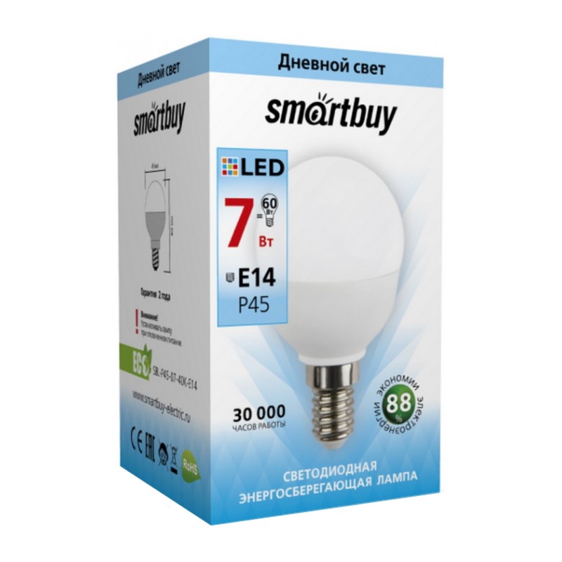 Лампа светодиодная Smartbuy LED E14, шар, 7Вт, 230В, 4000К, нейтральный свет