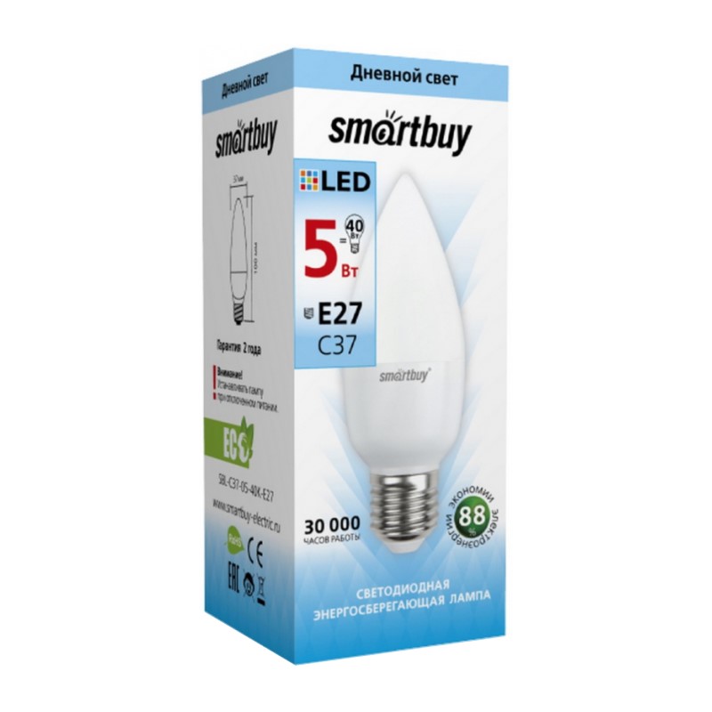 Лампа светодиодная Smartbuy LED E27, свеча, 5Вт, 230В, 4000К, нейтральный свет