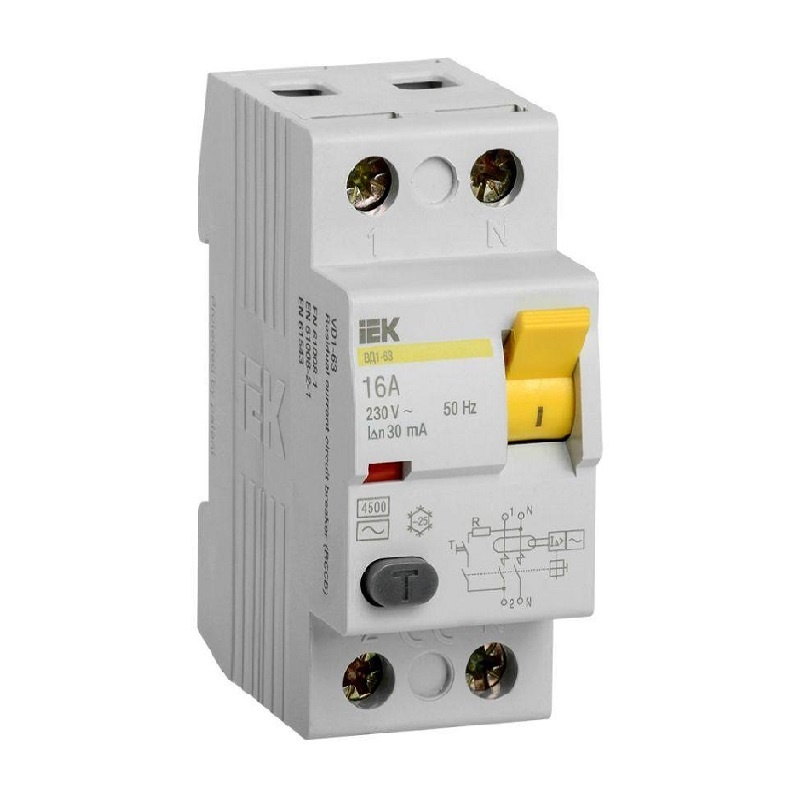 Устройство защитного отключения IEK Karat ВД1-63 электромеханическое 16А, 30мА, тип АС, 2П, MDV10-2-016-030