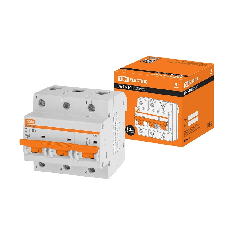 Выключатель автоматический TDM ВА 47-100, 10кА, С 100А, 3П