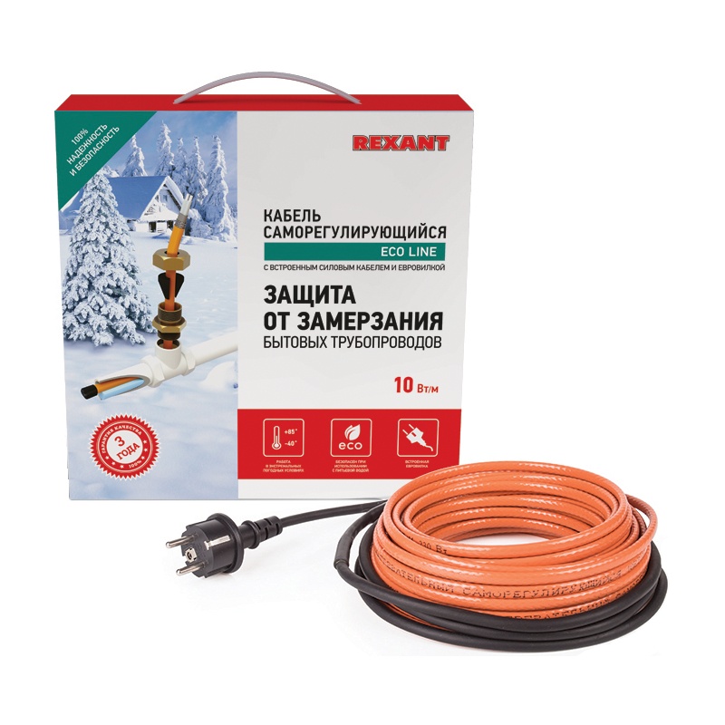 Кабель греющий саморегулирующийся Rexant SRP 10HTM2-CT, для установки в трубу, 10 Вт/м (2 м)
