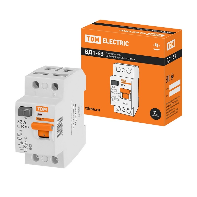 Устройство защитного отключения TDM ВД1-63, 32А, 30мА, тип АС, 2П