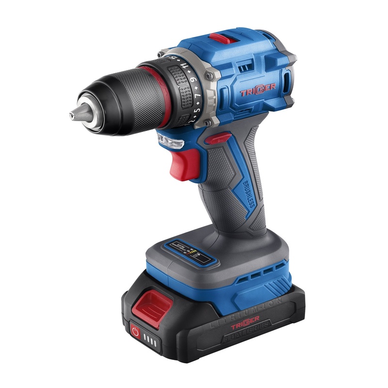 Дрель-шуруповерт Trigger 20121, бесщеточная, 2 аккумулятора Li-ion (2Ач), 18V, 13 мм, 58 Нм, кейс
