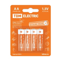 Батарейки алкалиновые TDM тип LR6/АА, 1,5 В (4 шт)